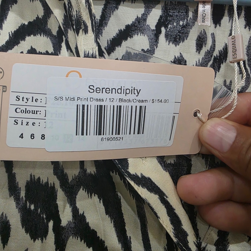 Esqualo Serendipity Black Cream Ikat Print Midi Button Down Dress Womens 12 NEW - Picture 5 of 9